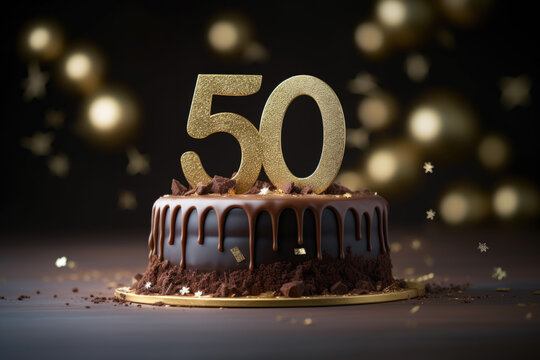 Luxurious Chocolate Ganache Cake with Golden 50 Topper for Birthday