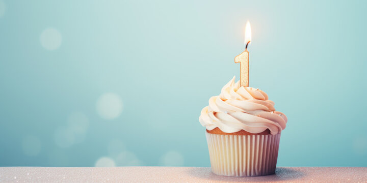 One Candle on Cupcake for First Birthday with Bokeh Background