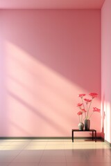3D rendering of a pink room with a table and flower vases