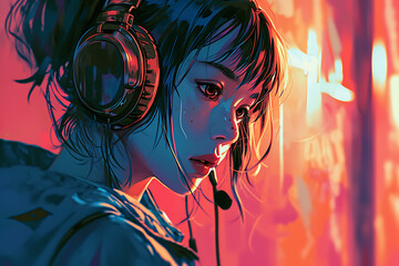 Beautiful anime girl listening to lofi hip hop music with headphones. Manga, cartoon drawing - obrazy, fototapety, plakaty