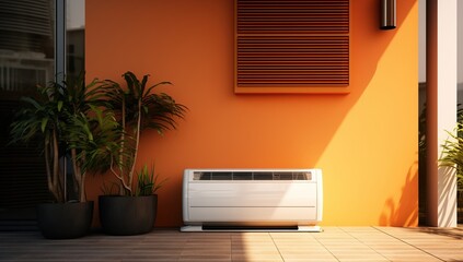 Air conditioner mounted on the orange wall of the house