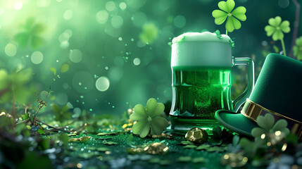 St. Patrick's Day background with space for text for a banner or flyer for St. Patrick's Day clover on a green background and a mug of green ale - obrazy, fototapety, plakaty