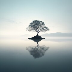 Tree in the middle of a lake with mountains in the background