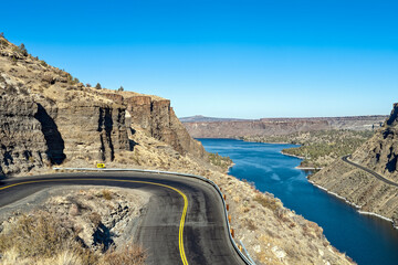 A switchback on SW Jordan Road overlooks the Deschutes River at Cove Palisades State Park, Oregon, USA