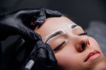 The makeup artist performs permanent makeup. Professional makeup and facial care. Eyebrow and lip...