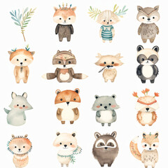 Seamless pattern of cute American Indian with animals, watercolor, Wrapping paper pattern