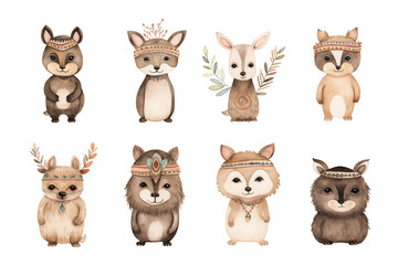 Watercolor of cute American Indian with animals such as a rabbit, bear, fox, raccoon, deer, cat, panda, owl, and sloth. Each animal on white background.