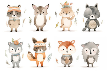 Watercolor of cute American Indian with animals such as a rabbit, bear, fox, raccoon, deer, cat, panda, owl, and sloth. Each animal on white background.