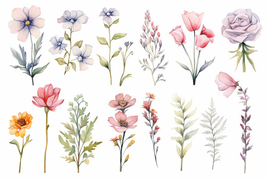 Watercolor paintings various types of Asian flowers on a white paper background.
