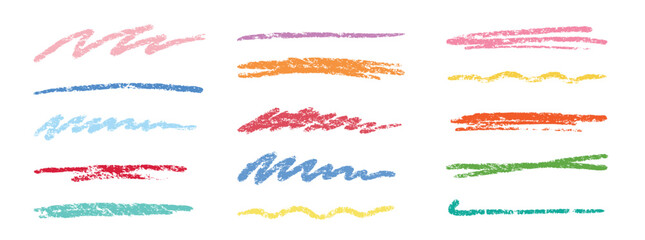Crayon brush stroke color underline. Chalk pen highlight stroke. Vector hand drawn brush underline element set for accent, crayon texture emphasis element. Color kid chalk vector illustration - obrazy, fototapety, plakaty