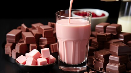 A glass of milk with chocolate being poured out ,Chocolate day, Valentines Day, Valentines week  - obrazy, fototapety, plakaty