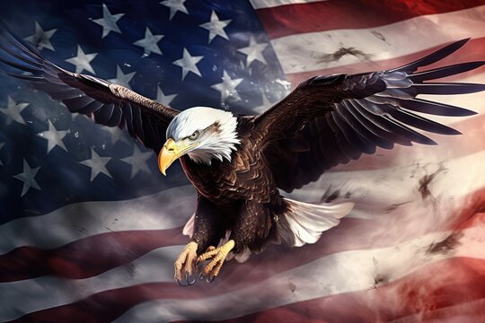 Illustration of an eagle on the background of the American flag closeup. Ai generation