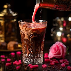 A glass of milk with chocolate being poured out ,Chocolate day, Valentines Day, Valentines week  - obrazy, fototapety, plakaty