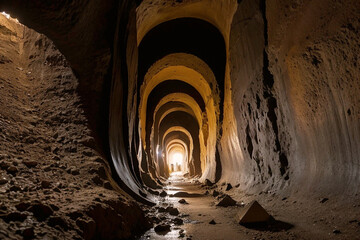 dark cave tunnel, ancient civilization, strange tunnel to nowhere - obrazy, fototapety, plakaty