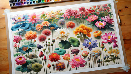 Watercolor paintings of various types of Asian flowers, each depicted separately on drawing paper.
