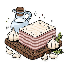 fresh bacon and red wine. Ukrainian lard with vodka and garlic. appetizer bacon and garlic.