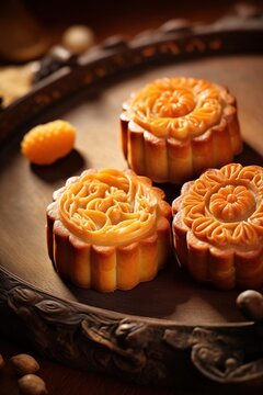  Three Delicious Mooncakes On Wooden Plate
