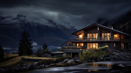 Fototapeta na wymiar Modern mountain house with stunning night view