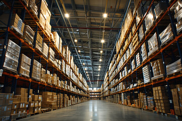 A large warehouse with numerous items. Rows of shelves with boxes. Logistics. Inventory control, order fulfillment or space optimization. for advertising, marketing or presentation - obrazy, fototapety, plakaty