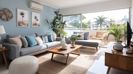Modern coastal living room with blue sofa and natural elements