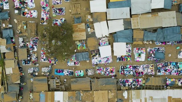 Birdseye aerial view of Loitokitok kenya, shanty poor neighborhood of Nairobi suburbs, Kenya. Densely populated area without running water and electricity, top down drone shot