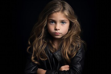 Portrait of a beautiful little girl in a leather jacket on a black background.