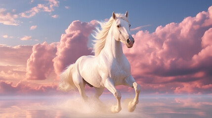 Obraz na płótnie Canvas white horse on sunset sky