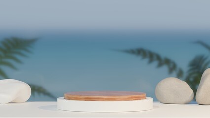 Wooden empty podium or pedestal for product presentation. Mockup platform against the backdrop of the beach and ocean. 3d rendering	
