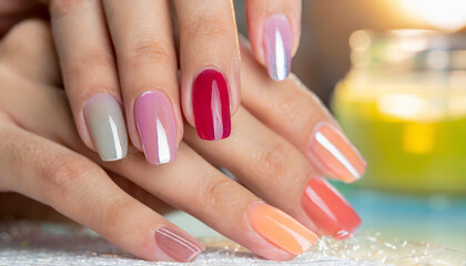 Female hand with colorful nail design. Nail polish manicure.