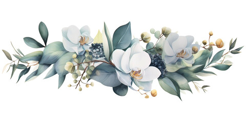 Watercolor floral border with baby and silver dollar eucalyptus leaves  - obrazy, fototapety, plakaty