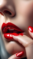 banner for beauty salon red lips and red manicure close up