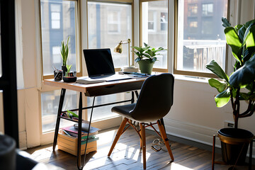 sleek and minimalist home office setup with a sleek desk, ergonomic chair, minimalist decor, and ample natural light, offering a functional and aesthetic workspace