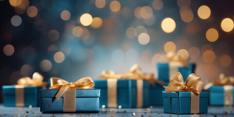 Close up of blue gift boxes with golden ribbon bow tag over blurred bokeh background with lights. Christmas decor. Greeting festive image. Copy space generated by AI. - obrazy, fototapety, plakaty
