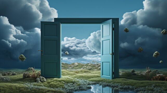 Blue door in a surreal landscape