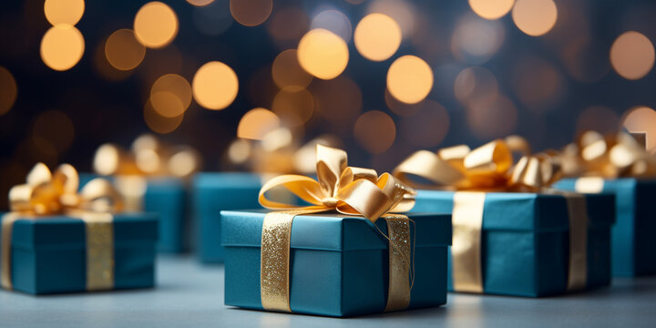 Close up of blue gift boxes with golden ribbon bow tag over blurred bokeh background with lights. Christmas decor. Greeting festive image. Copy space generated by AI.