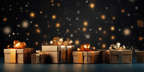 Close up of golden gift boxes with golden ribbon bow tag over blurred bokeh background with lights. Christmas decor. Greeting festive image. Copy space generated by AI.