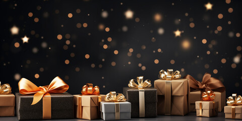Close up of golden gift boxes with golden ribbon bow tag over blurred bokeh background with lights. Christmas decor. Greeting festive image. Copy space generated by AI.