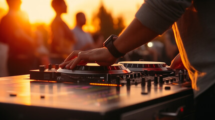 Dj mixing music, DJ Hands creating and regulating music on dj console mixer in concert outdoor, Ai generated image - obrazy, fototapety, plakaty