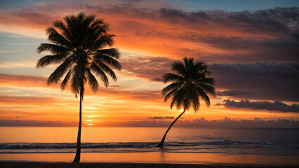 Fototapeta na wymiar a visual symphony with your beach sunset palm photo the harmony of colors in the sky, the silhouette of palm fronds, and the natural beauty of the surroundings