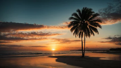 Fototapeten a visual symphony with your beach sunset palm photo the harmony of colors in the sky, the silhouette of palm fronds, and the natural beauty of the surroundings © mdaktaruzzaman
