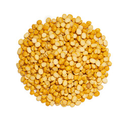 top view flat lay pile of split bengal gram or chana dal isolated on white background. split bengal...