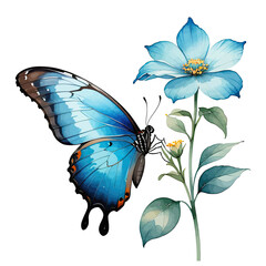Beautiful Blue Morpho Butterfly on Flower Watercolor Clipart