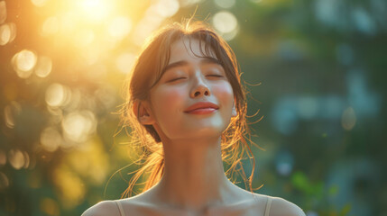 Asian young woman, relax, smile, eyes closed, inhale fresh air, expression air in forest