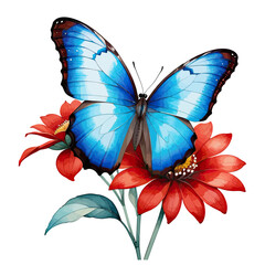 Watercolor Clipart Beautiful Blue Morpho Butterfly on Red Flower
