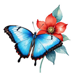 Clipart Watercolor Beautiful Blue Morpho Butterfly on Red Flower