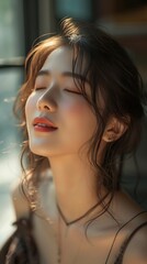 Fototapeta premium Asian young woman, relax, smile, eyes closed, inhale fresh air, expression air in forest