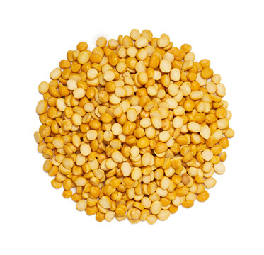 top view flat lay pile of split bengal gram or chana dal isolated on white background. split bengal gram food 