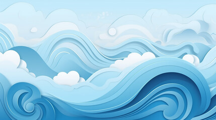 abstract ocean blue paper cut style background with waves