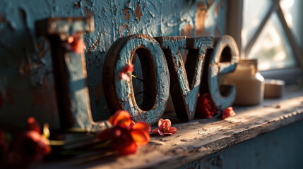 'Love' typography on a ledge with warm light and shadows, evoking intimacy. - obrazy, fototapety, plakaty