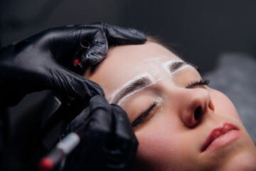 The makeup artist performs permanent makeup. Professional makeup and facial care. Eyebrow and lip...